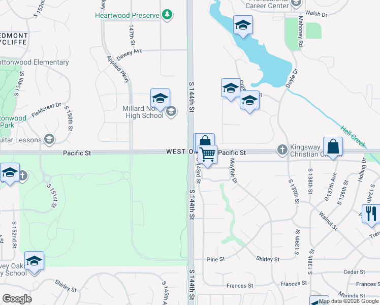 map of restaurants, bars, coffee shops, grocery stores, and more near South 144th Street & Pacific Street in Omaha