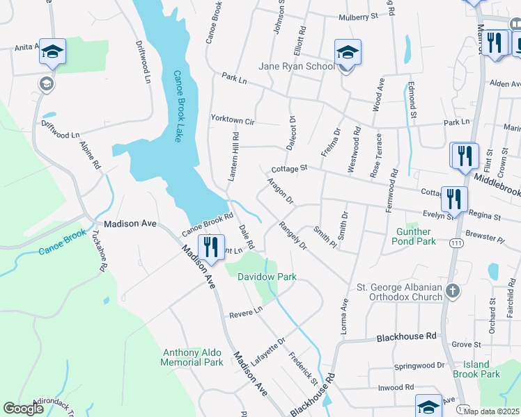 map of restaurants, bars, coffee shops, grocery stores, and more near 77 Rangely Drive in Trumbull
