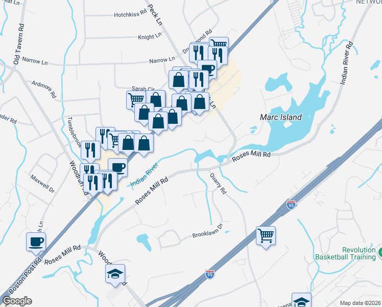 map of restaurants, bars, coffee shops, grocery stores, and more near 10 Mill Pond Close in Milford