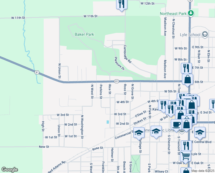 map of restaurants, bars, coffee shops, grocery stores, and more near 419 Rice Street in Kewanee