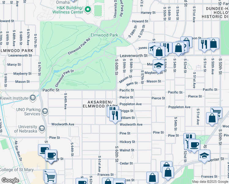 map of restaurants, bars, coffee shops, grocery stores, and more near 1102 South 60th Street in Omaha