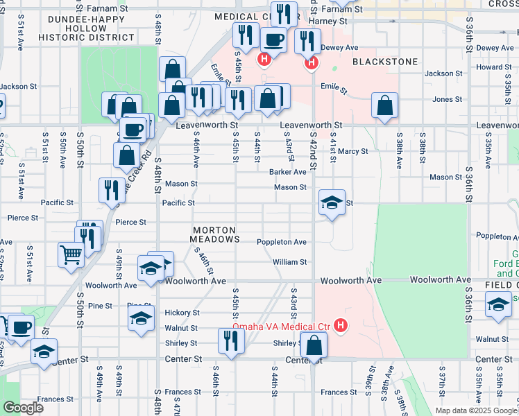 map of restaurants, bars, coffee shops, grocery stores, and more near 1102 South 44th Street in Omaha