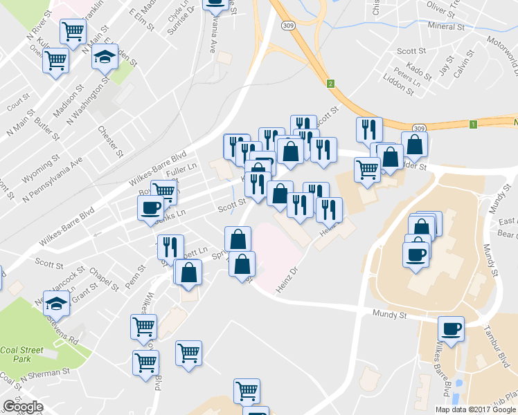 map of restaurants, bars, coffee shops, grocery stores, and more near 521 Scott Street in Wilkes-Barre