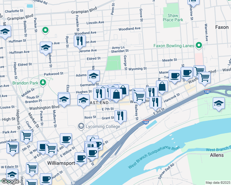 map of restaurants, bars, coffee shops, grocery stores, and more near 452 Wilson Street in Williamsport