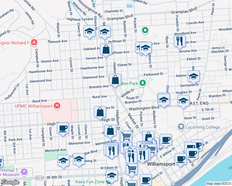 map of restaurants, bars, coffee shops, grocery stores, and more near 900 Hepburn Street in Williamsport