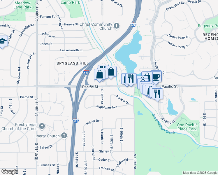 map of restaurants, bars, coffee shops, grocery stores, and more near 10707 Pacific Street in Omaha