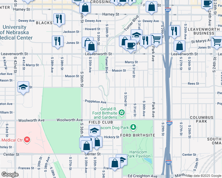 map of restaurants, bars, coffee shops, grocery stores, and more near 1103 Turner Boulevard in Omaha
