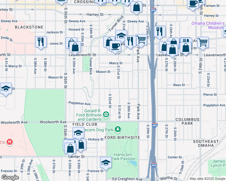 map of restaurants, bars, coffee shops, grocery stores, and more near 3119 Pacific Street in Omaha