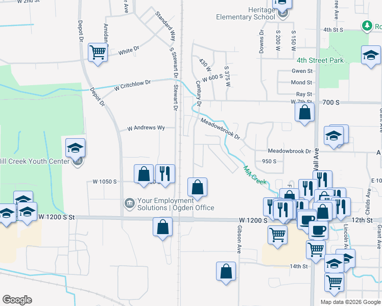 map of restaurants, bars, coffee shops, grocery stores, and more near 5 Century Drive in Ogden