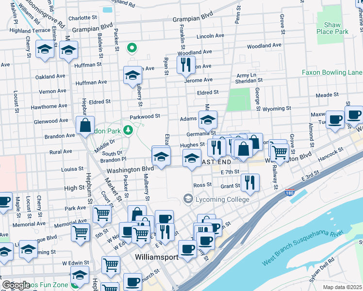 map of restaurants, bars, coffee shops, grocery stores, and more near 232 Hughes Street in Williamsport