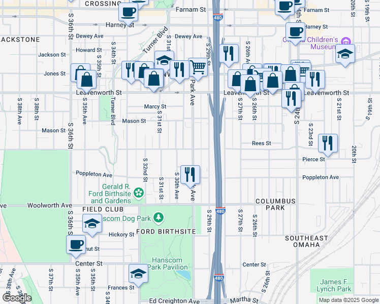 map of restaurants, bars, coffee shops, grocery stores, and more near 2959 Pacific Street in Omaha
