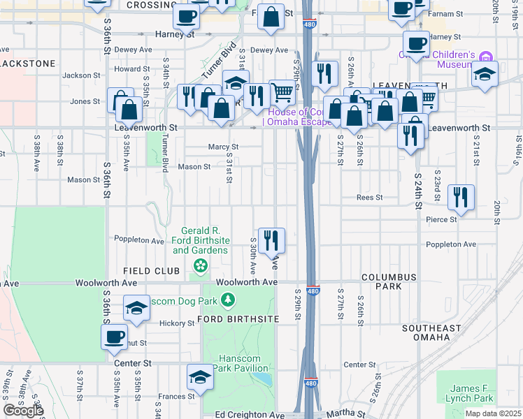 map of restaurants, bars, coffee shops, grocery stores, and more near 2959 Pacific Street in Omaha