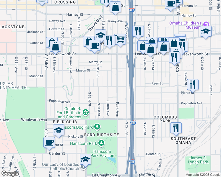 map of restaurants, bars, coffee shops, grocery stores, and more near 2959 Pacific Street in Omaha
