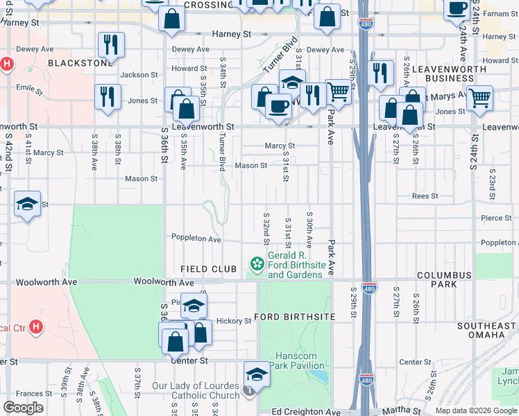 map of restaurants, bars, coffee shops, grocery stores, and more near 3221 Pacific Street in Omaha