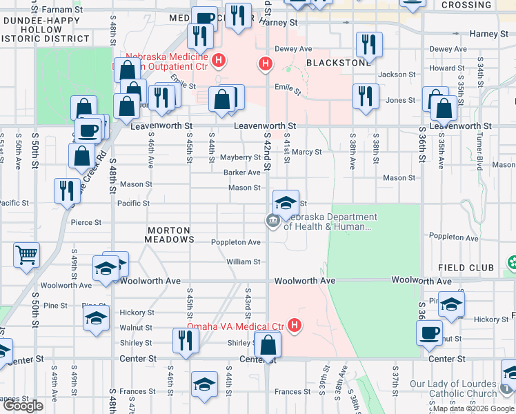 map of restaurants, bars, coffee shops, grocery stores, and more near 4201 Pacific Street in Omaha