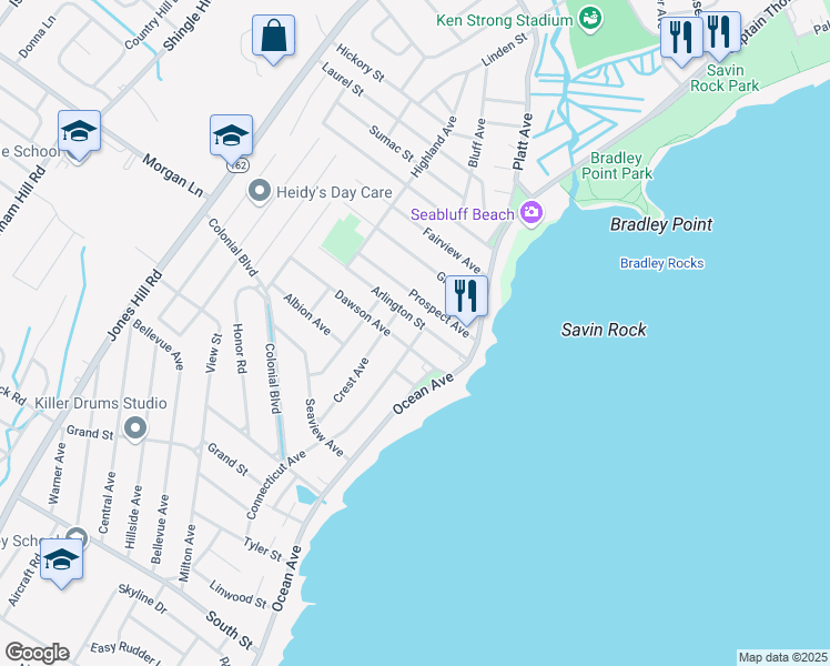 map of restaurants, bars, coffee shops, grocery stores, and more near 60 Arlington Street in West Haven