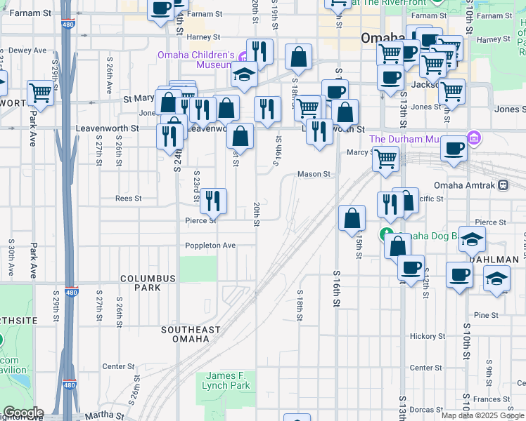 map of restaurants, bars, coffee shops, grocery stores, and more near 1045 S 20th St in Omaha