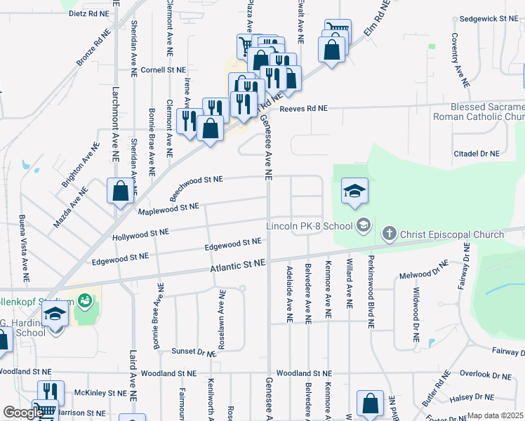 map of restaurants, bars, coffee shops, grocery stores, and more near 1221 Genesee Avenue Northeast in Warren