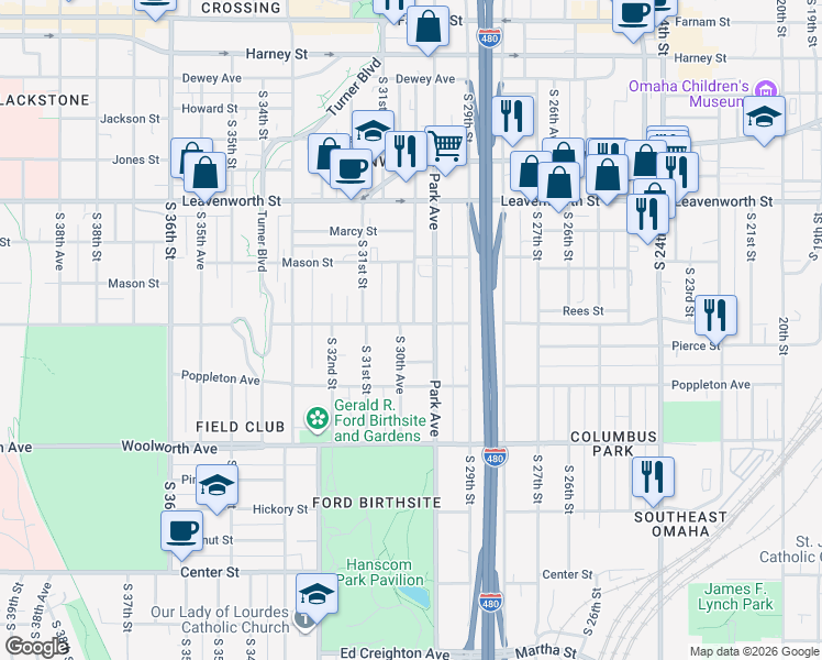 map of restaurants, bars, coffee shops, grocery stores, and more near 2959 Pacific Street in Omaha