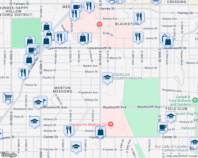 map of restaurants, bars, coffee shops, grocery stores, and more near 4201 Pacific Street in Omaha