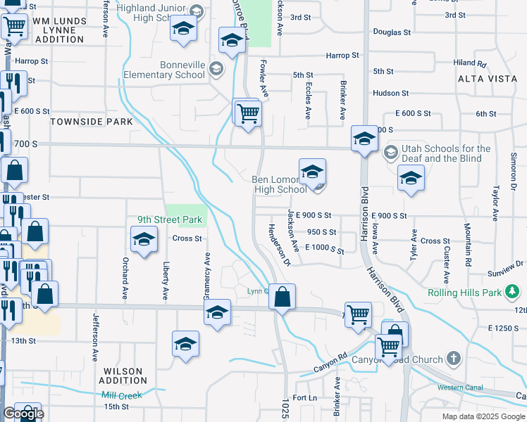 map of restaurants, bars, coffee shops, grocery stores, and more near 956 9th Street in Ogden