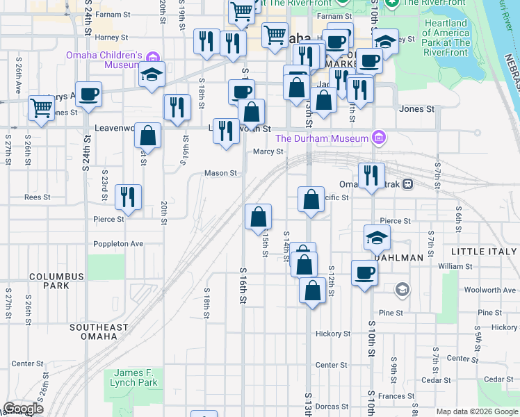 map of restaurants, bars, coffee shops, grocery stores, and more near 1126 South 15th Circle in Omaha