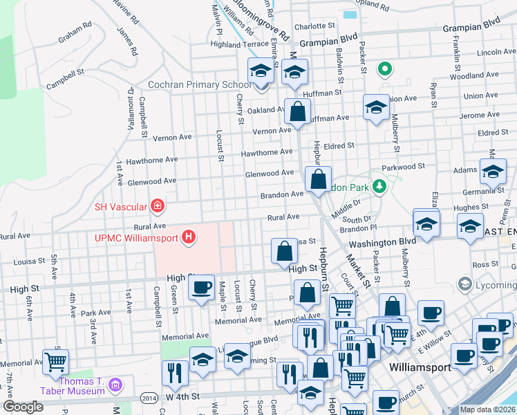 map of restaurants, bars, coffee shops, grocery stores, and more near 481 Park Court in Williamsport