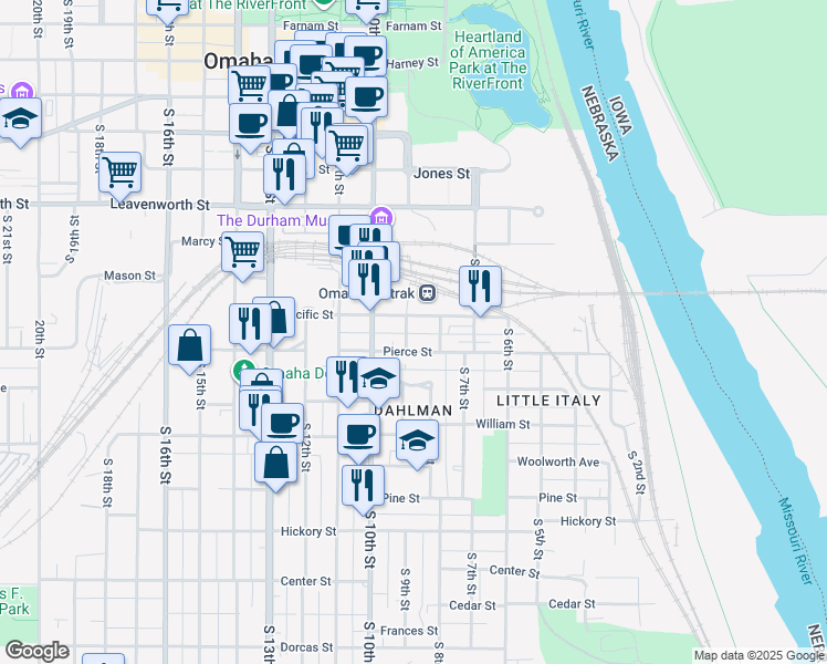 map of restaurants, bars, coffee shops, grocery stores, and more near 1111 South 9th Street in Omaha