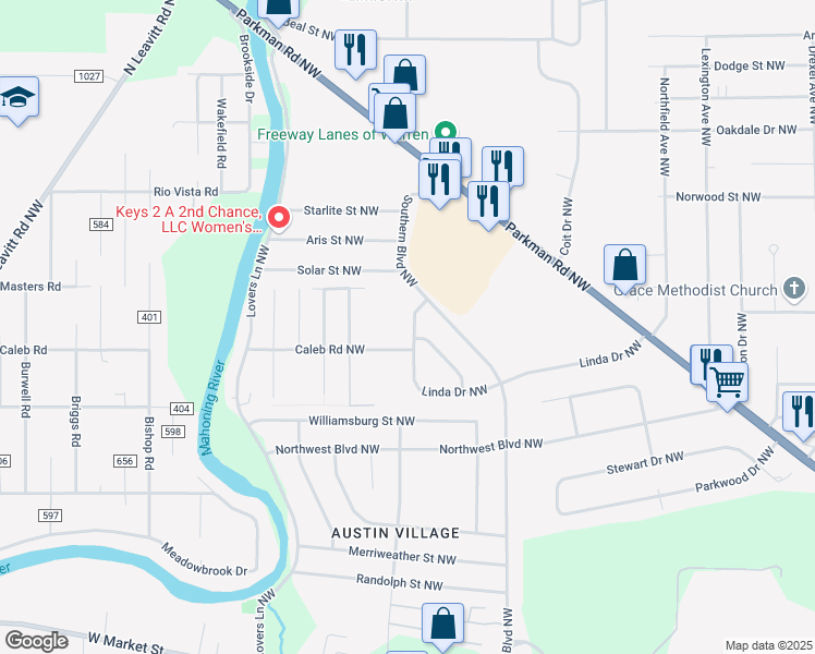 map of restaurants, bars, coffee shops, grocery stores, and more near 3121 Linda Drive Northwest in Warren