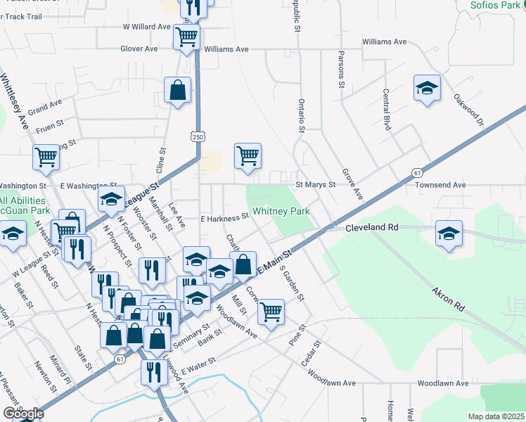 map of restaurants, bars, coffee shops, grocery stores, and more near 42 East Harkness Street in Norwalk