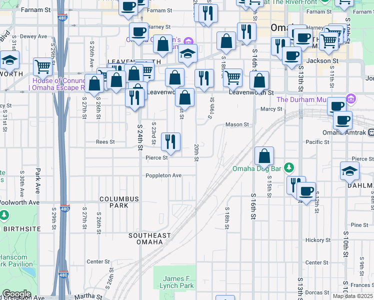 map of restaurants, bars, coffee shops, grocery stores, and more near 1102 South 20th Street in Omaha