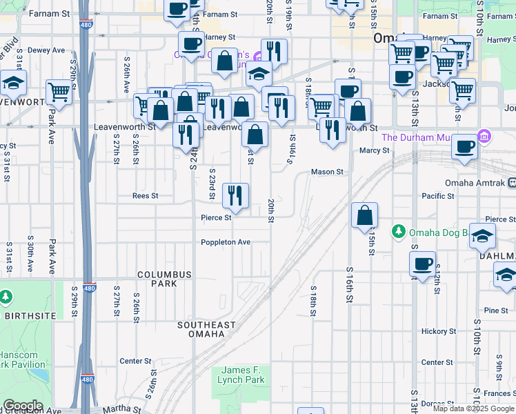 map of restaurants, bars, coffee shops, grocery stores, and more near 1102 South 20th Street in Omaha