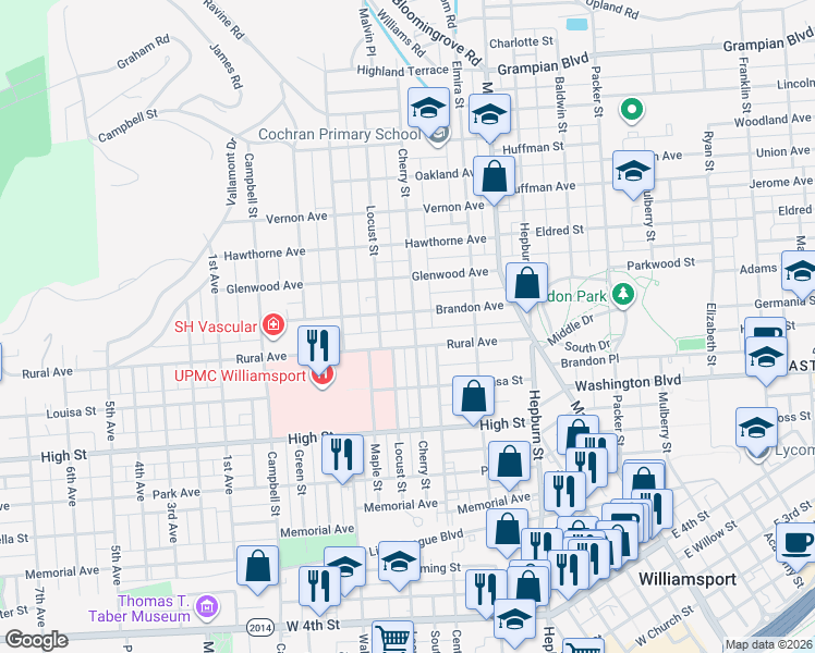 map of restaurants, bars, coffee shops, grocery stores, and more near 481 Park Court in Williamsport
