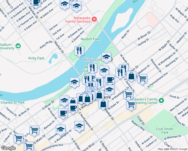 map of restaurants, bars, coffee shops, grocery stores, and more near 60-64 West Union Street in Wilkes-Barre