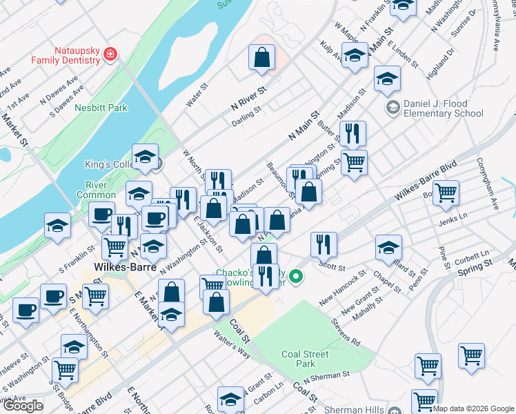 map of restaurants, bars, coffee shops, grocery stores, and more near 34 Wyoming Street in Wilkes-Barre