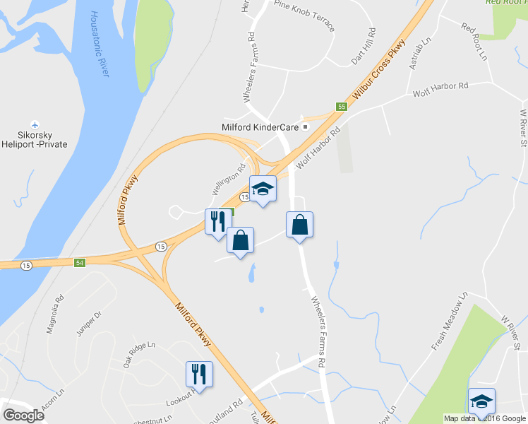 map of restaurants, bars, coffee shops, grocery stores, and more near 528 Wheelers Farm Road in Milford