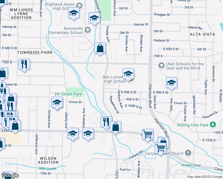 map of restaurants, bars, coffee shops, grocery stores, and more near 956 9th Street in Ogden