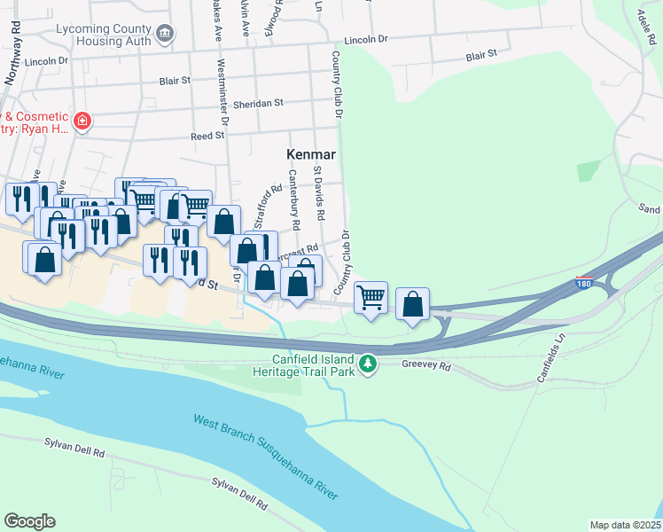 map of restaurants, bars, coffee shops, grocery stores, and more near 325 Saint Davids Road in Williamsport