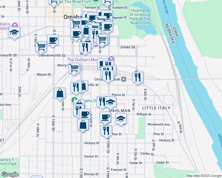 map of restaurants, bars, coffee shops, grocery stores, and more near 1125 South 11th Street in Omaha