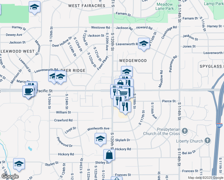 map of restaurants, bars, coffee shops, grocery stores, and more near Pacific Street & South 120th Street in Omaha