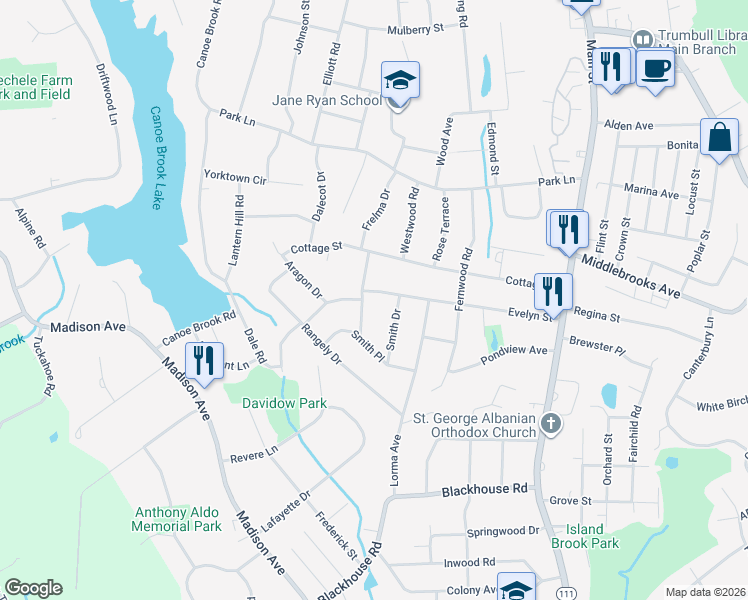 map of restaurants, bars, coffee shops, grocery stores, and more near 109 Evelyn Street in Trumbull