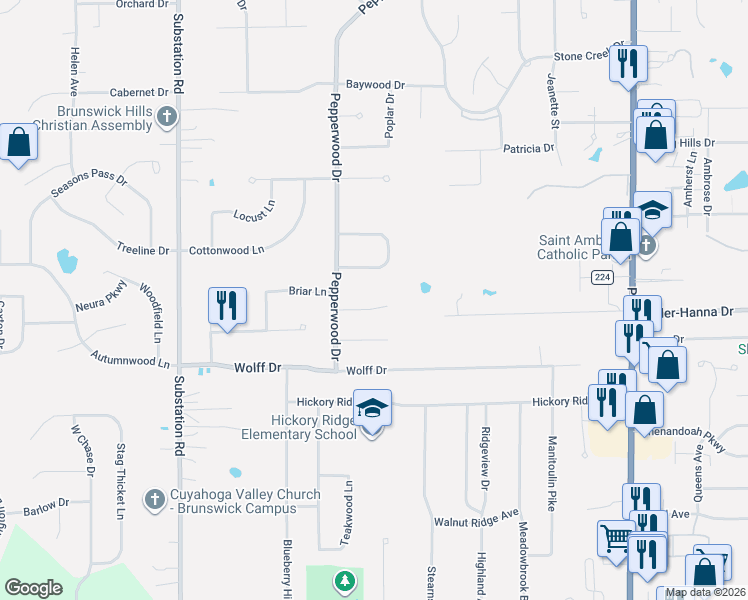 map of restaurants, bars, coffee shops, grocery stores, and more near 4619 Brushwood Circle in Brunswick