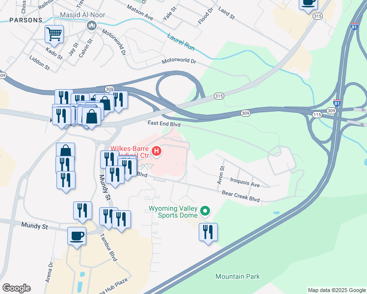 map of restaurants, bars, coffee shops, grocery stores, and more near 1111 East End Boulevard in Wilkes-Barre