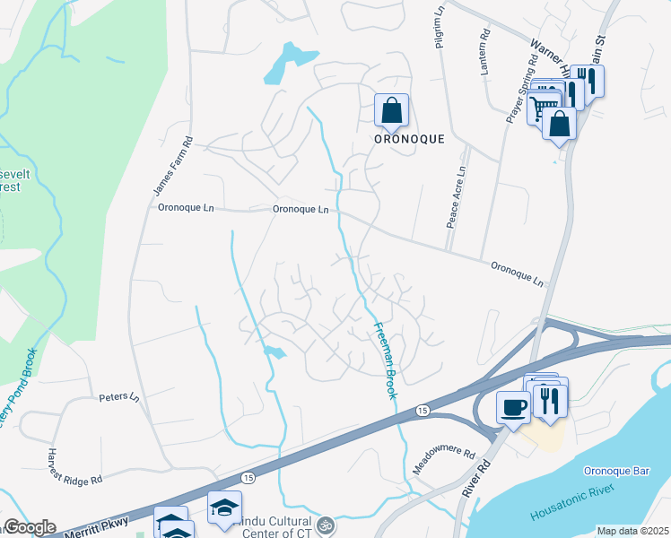 map of restaurants, bars, coffee shops, grocery stores, and more near 15 Algonquin Lane in Stratford