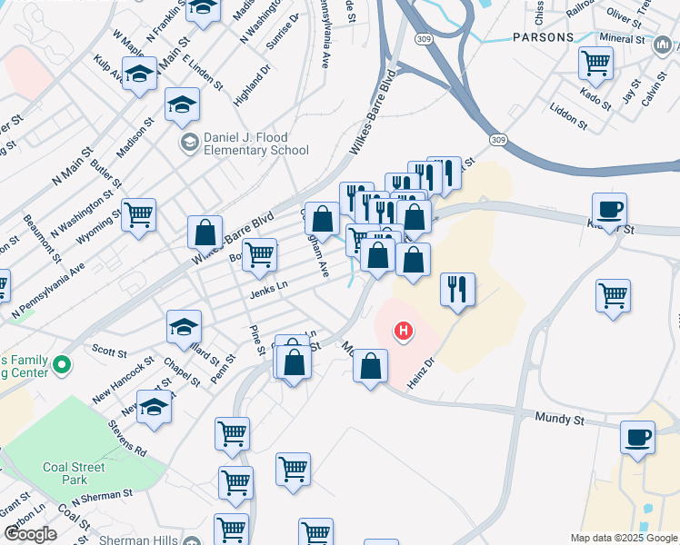 map of restaurants, bars, coffee shops, grocery stores, and more near 460 Scott Street in Wilkes-Barre