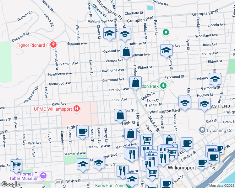 map of restaurants, bars, coffee shops, grocery stores, and more near 406 Park Court in Williamsport