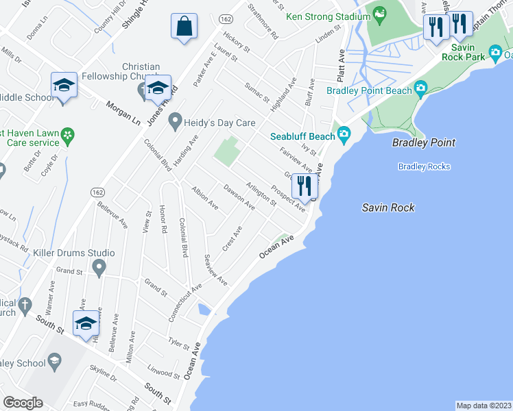 map of restaurants, bars, coffee shops, grocery stores, and more near 19 Crest Avenue in West Haven