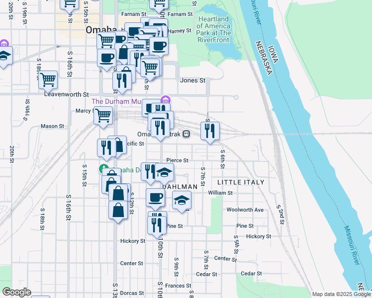 map of restaurants, bars, coffee shops, grocery stores, and more near 1131 South 8th Street in Omaha