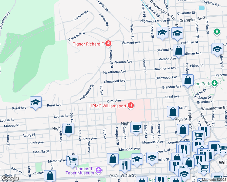 map of restaurants, bars, coffee shops, grocery stores, and more near 904 Campbell St in Williamsport