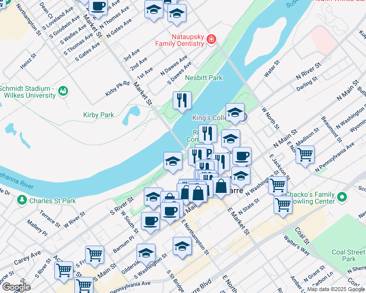map of restaurants, bars, coffee shops, grocery stores, and more near Market Street Bridge in Wilkes-Barre